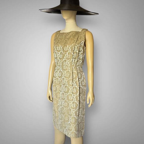 1950s Carol Craig Brocade Cocktail Dress Jacket Set Gold Sheath Formal Vintage - Picture 3 of 16